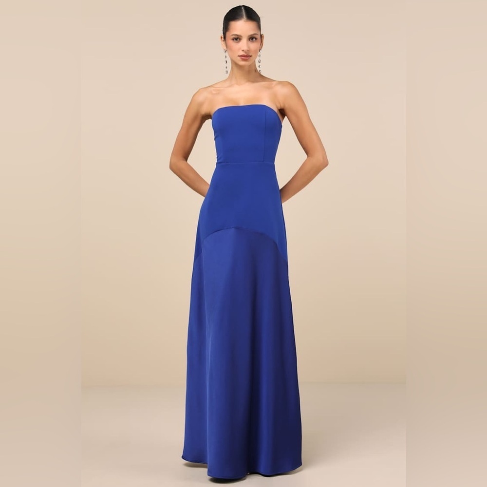 NWT Lulus Compelling Style Royal Blue Strapless A-Line Maxi Dress